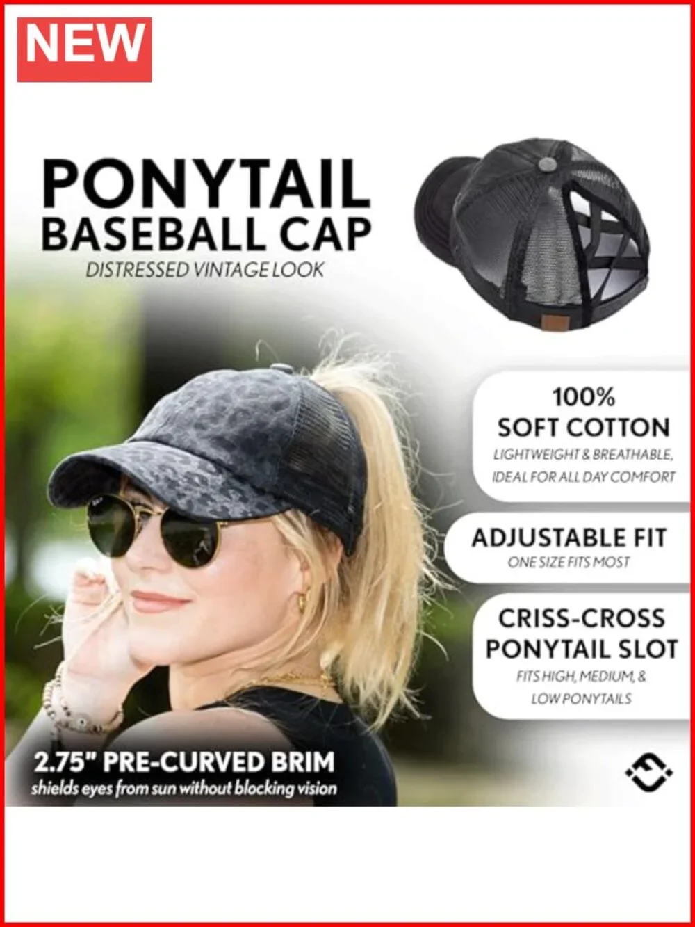Women's Criss Cross Ponytail Baseball Cap with 3 Holes, Messy Bun Hat,